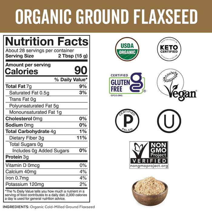 Viva Naturals Organic Ground Flaxseed, 15 oz (425 g) – Plant-Based Protein, Vegan Omega-3 & Fiber, Finely Milled Flax Seeds, Perfect for Smoothies & Baking