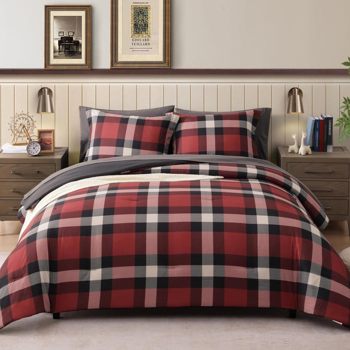 Full Size Comforter Sets, Khaki Green Plaid Bedding Set 7 Piece for Boys Girls Teen, Classic Homestead-Style Kids Comforter Set Bed in A Bag with Sheets, Pillowcases & Shams