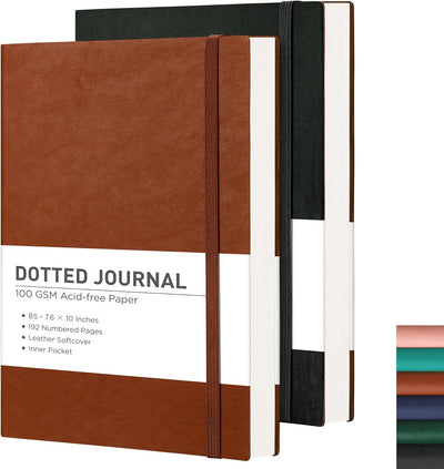 RETTACY Bullet Dotted Journal Notebook, 2-Pack, 192 Numbered Pages per Pack, B5 Medium Size (7.6'' × 10''), Leather Softcover, 100 GSM Thick Paper, for Bullet Journaling (Black & Brown)