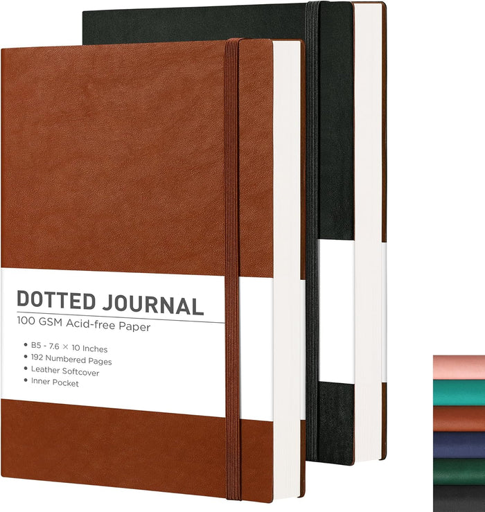 RETTACY Bullet Dotted Journal Notebook, 2-Pack, 192 Numbered Pages per Pack, B5 Medium Size (7.6'' × 10''), Leather Softcover, 100 GSM Thick Paper, for Bullet Journaling (Black & Brown)
