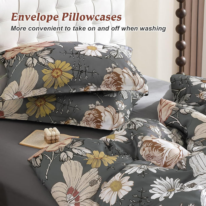 Luxudecor Queen Comforter Set 7 Pieces Bedding Sets,Gray Floral Comforter and Sheet Set,Soft Microfiber Bed in a Bag for All Seasons (Gray,90"x90")
