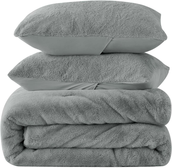 BEDELITE Faux Fur Fleece Queen Comforter Set - Fluffy & Warm Grey Comforter Queen Size，Ultra Soft and Cozy Winter Bedding Set,Fuzzy Thick Bed Set,1 Comforter and 2 Pillowcases