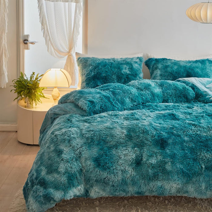 Wajade Faux Fur Plush Galaxy Blue Comforter Set Fluffy Fuzzy Shaggy Bedding Set - 3PC Full Size Microfiber Soft Warm Quilt Set