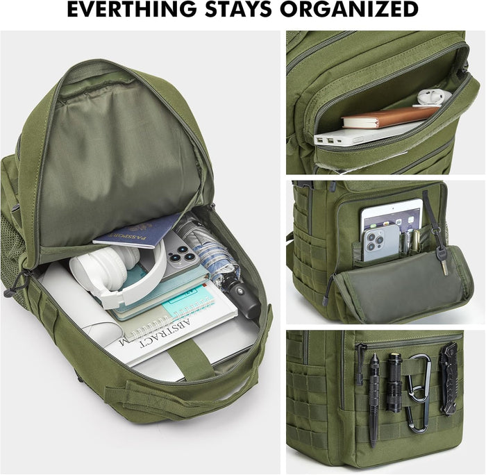 G4Free 25L Small Backpack Fits 15" Laptop, Tactical Work Back Pack Travel Bag for Men, Dark Green