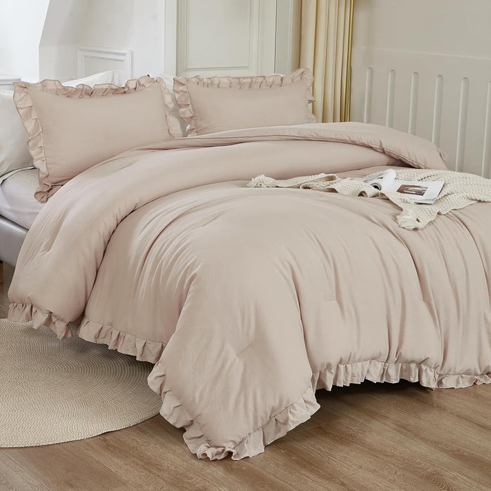 Litanika Full Size Comforter Sets, 3 Pieces Blush Pink Ruffle Girls Women Cute Bedding Comforters & Sets, Lightweight Fluffy Microfiber as Gift (79x90In Comforter & 2 Pillowcases)