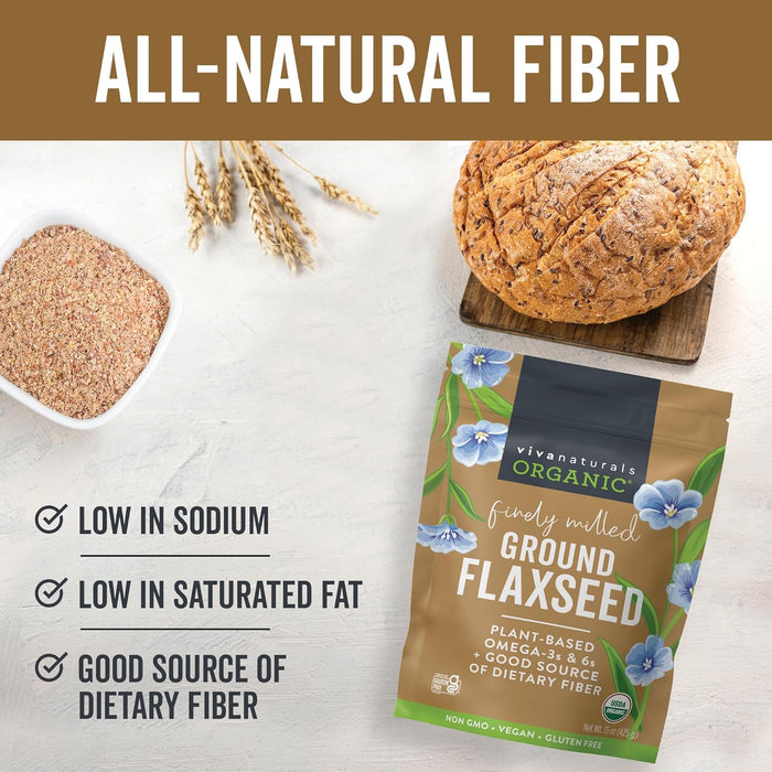 Viva Naturals Organic Ground Flaxseed, 15 oz (425 g) – Plant-Based Protein, Vegan Omega-3 & Fiber, Finely Milled Flax Seeds, Perfect for Smoothies & Baking