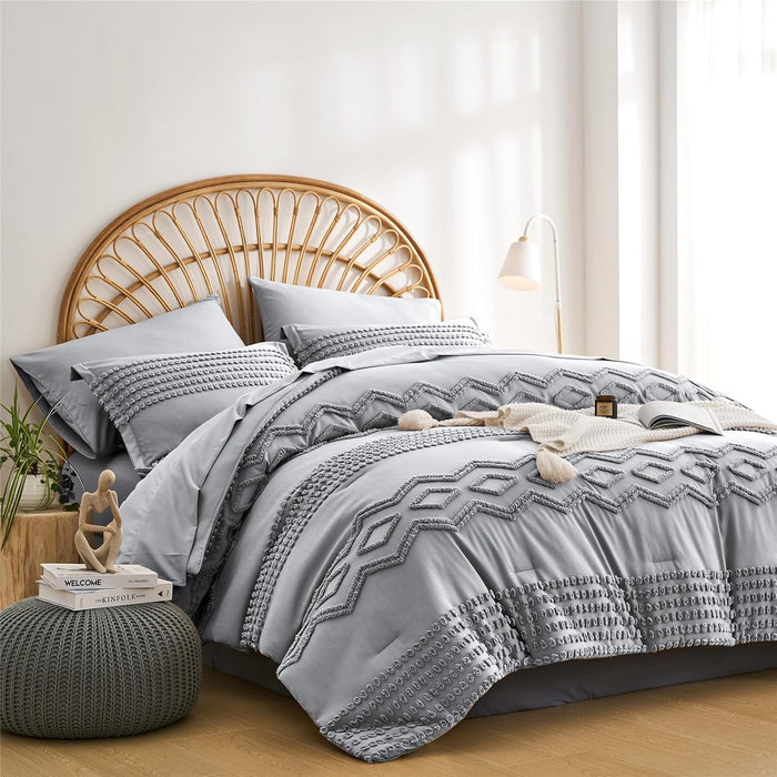 Blush Pink Tufted Comforter Set Queen Size 7 Piece Bed in a Bag, Shabby Chic Boho Comforter and Sheet Set, Pom Pom Textured Bed Set, All Season Soft Microfiber Complete Bedding Set(Pink,Queen)
