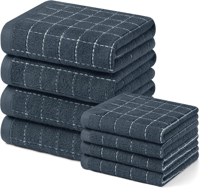 Homaxy Kitchen Towels and Dishcloths Set, 12 x 12 and 13 x 28 Inches, Set of 8 Bulk Cotton Terry Kitchen Towels Set, Checkered Designed, Soft and Super Absorbent Dish Cloths, Black