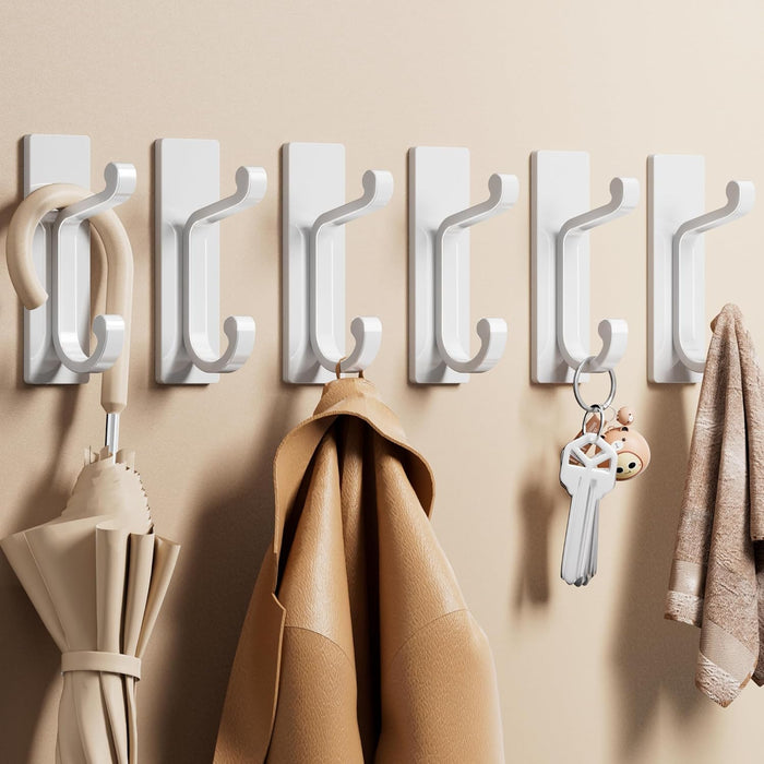 6 Pack Self Adhesive Wall Black Hooks - Sticky Hooks Wall Mount for Clothes, Towel, Robes, Keys, Purse, Backpack, Heavy Duty Hooks for Door Kitchen Bathroom Shower Rental Houses, Hold 13Lbs.