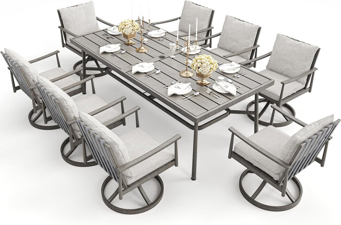 HAPPATIO 7-Piece Outdoor Dining Set for 6, Aluminum Patio Dining Set Includes 6 Swivel Dining Chairs and 1 Large Rectangular Table with Umbrella Hole, Patio Furniture Set for Lawn, Porch, Grey
