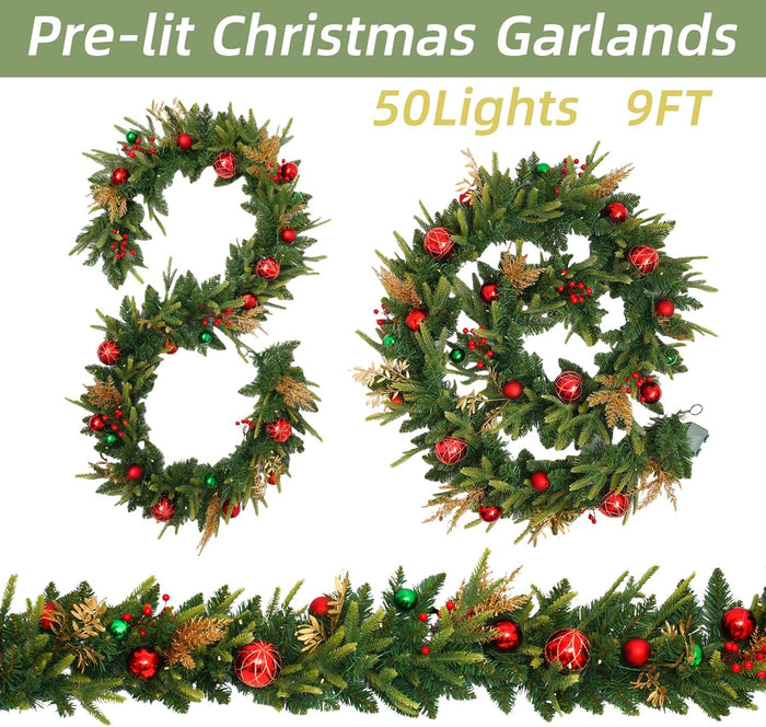 Pre-lit 9ft Christmas Garland with Lights, Garlands for Decoration Christmas with 243 Branches and 50 LED Warm Lights,for Mantle,Outdoor,Stairs Railing,Wall,Table,Indoor（Battery Operated）