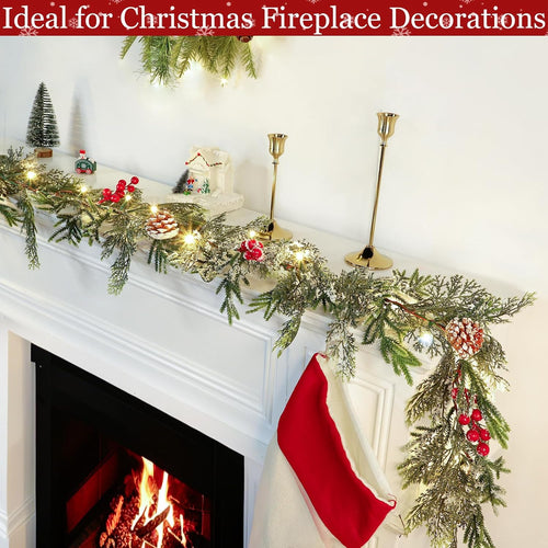 6FT Flocked Cedar Garland with Lights Timer, Pre-lit Christmas Garland Pinecones & Red Berries Warm White Lights, Lighted Cypress Garlands Battery Operated Christmas Decor Mantel Table Indoor Outdoor
