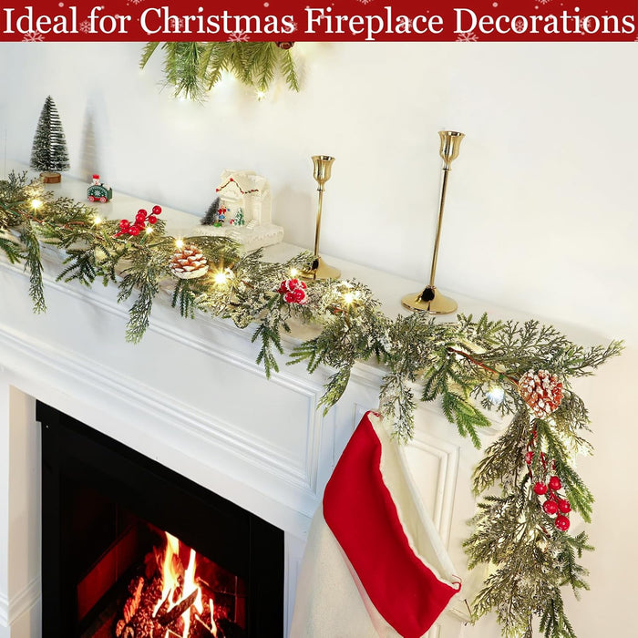 6FT Flocked Cedar Garland with Lights Timer, Pre-lit Christmas Garland Pinecones & Red Berries Warm White Lights, Lighted Cypress Garlands Battery Operated Christmas Decor Mantel Table Indoor Outdoor