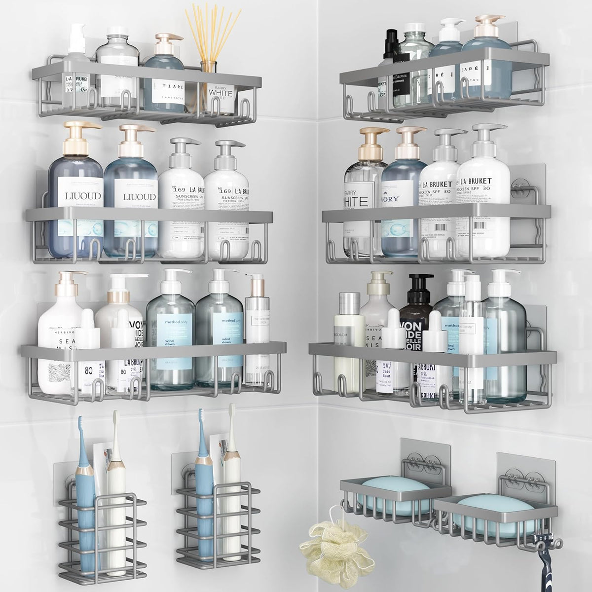 10 Pack Shower Caddy Organizer Rack Shelf for Inside Shower, Self Adhesive Wall Storage Basket Rustproof Stainless Steel Shampoo Holder Bathroom Accessory Decor Set, White