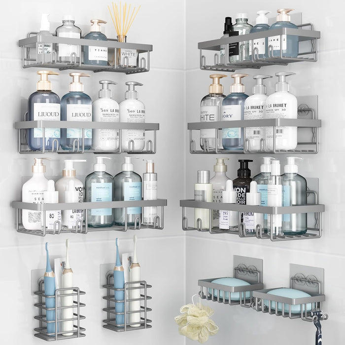 10 Pack Shower Caddy Organizer Rack Shelf for Inside Shower, Self Adhesive Wall Storage Basket Rustproof Stainless Steel Shampoo Holder Bathroom Accessory Decor Set, White