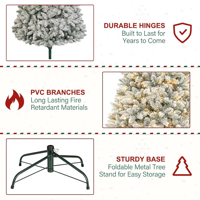 7.5 ft Snow Flocked Christmas Tree, Artificial Holiday Christmas Tree with 450 Warm White Lights, 1446 Frosted Tips, Metal Stand & Hinged Branches, Easy Assembly for Indoor Decorating