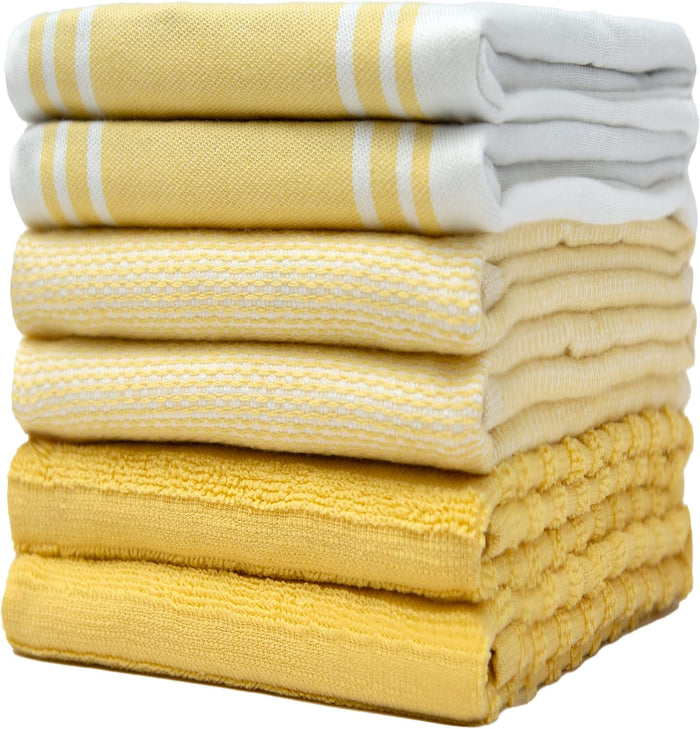 Premium Kitchen Towels (20”x 28”, 6 Pack) | Large Cotton Dish Towels | Flat & Terry Highly Absorbent Kitchen Linen Set with Hanging Loop | Tan
