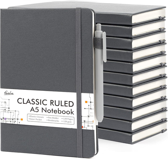 12 Pack Notebooks Journals Bulk with 12 Black Pens, Feela A5 Hardcover Notebook Classic Ruled Journal Set with Pen Holder for School Business Work Travel Writing, 120 GSM, 5.1”x8.3”, Navy