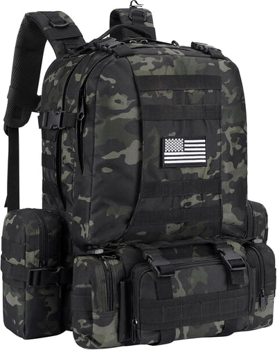 60L Tactical Military Backpack Large Capacity Army Rucksack with Detachable Molle Pouches for Men and Women (Black Camo, Large)