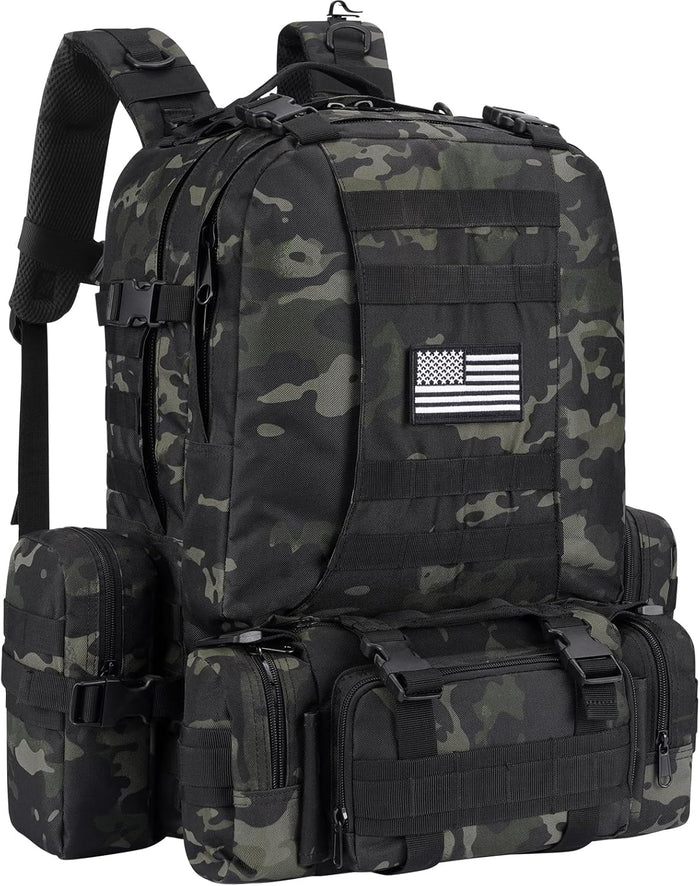 60L Tactical Military Backpack Large Capacity Army Rucksack with Detachable Molle Pouches for Men and Women (Black Camo, Large)