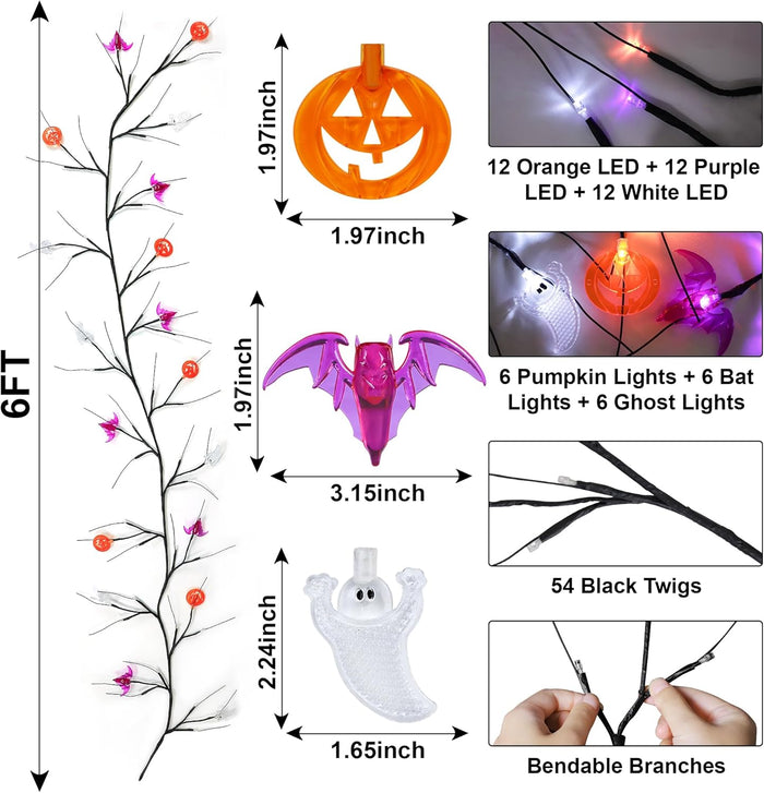 [Timer] 6 FT Willow Vine Twig Halloween Decorations Garland with Pumpkin Bat Ghost Lights, 8 Modes Waterproof Battery Operated Halloween Lights Indoor Home Wall Window Mantle Party Decor