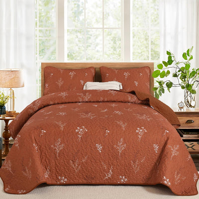 Drucon Burnt Orange Quilt Set King Size Branch Bedspread Coverlet Set, Terracotta Botanical Floral Pattern Quilted Bedding Set 3 Piece Lightweight Microfiber Bed Cover for All Season (104''x90'')
