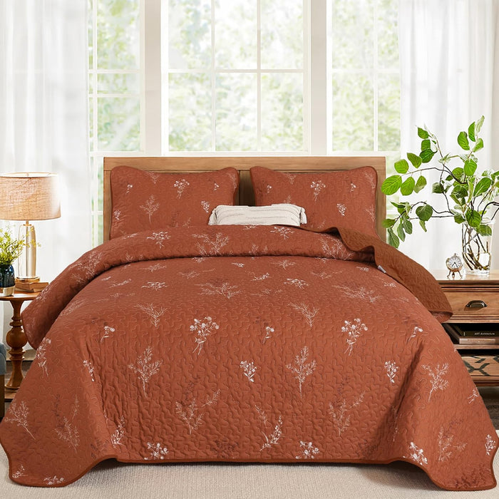 Drucon Burnt Orange Quilt Set King Size Branch Bedspread Coverlet Set, Terracotta Botanical Floral Pattern Quilted Bedding Set 3 Piece Lightweight Microfiber Bed Cover for All Season (104''x90'')