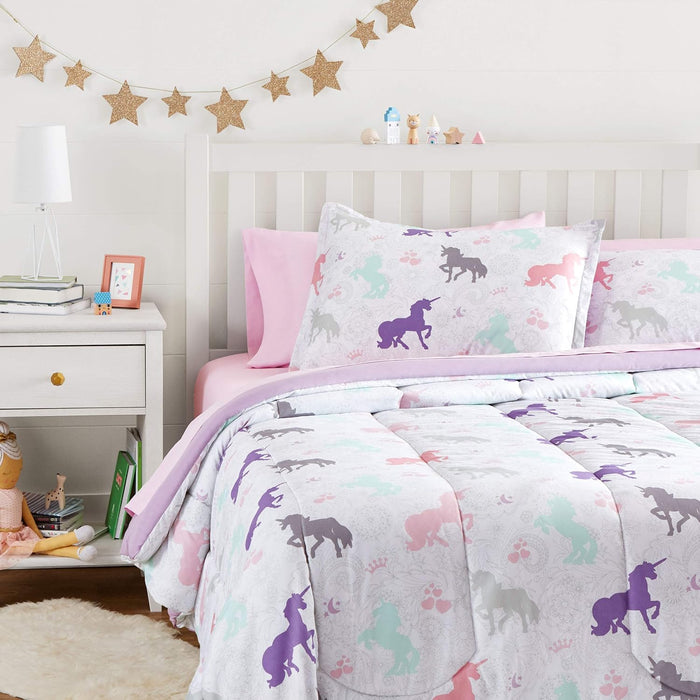 Amazon Basics Kid's Soft, Easy Care Microfiber Bed-in-a-Bag 5-Piece Bedding Set, Twin, Butterfly Friends