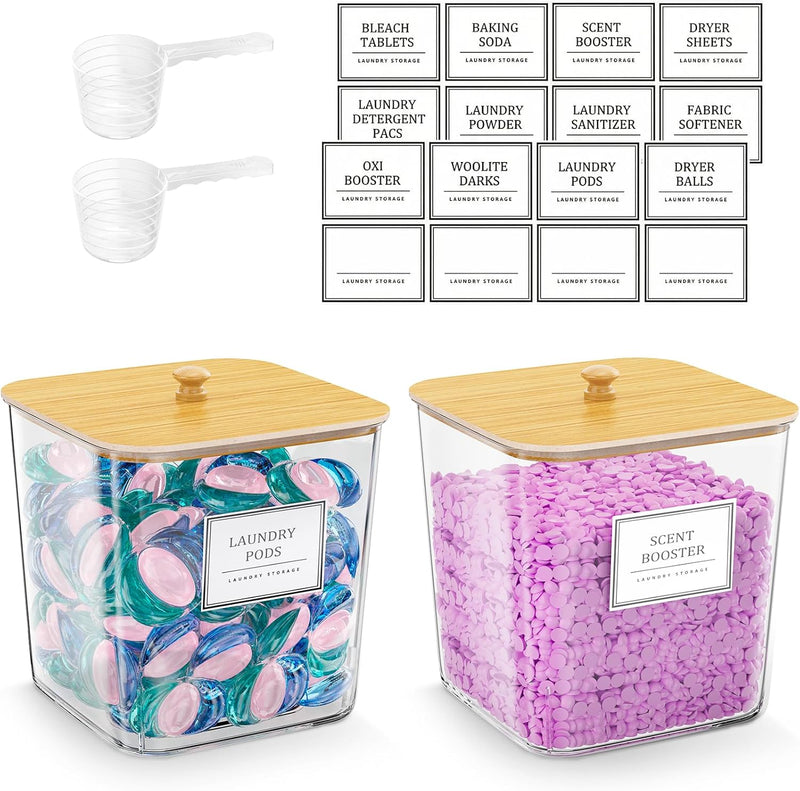 Laundry Pods Storage Container, Clear Laundry Room Organization and Storage ,Detergent Powder Container,with Wooden Lids & Labels, 3+1 Pack