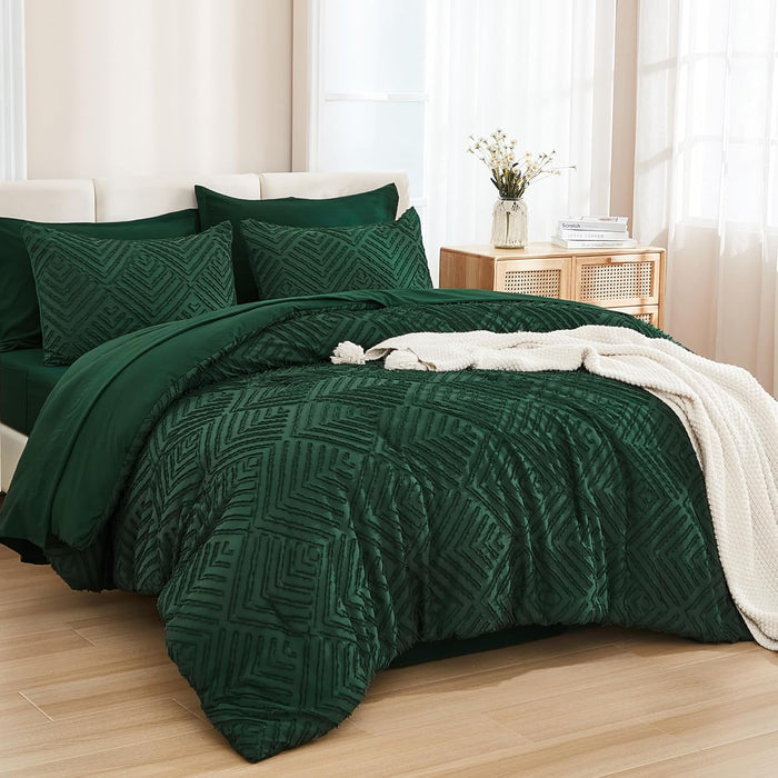Andency Queen Comforter Set 7 Piece Dark Emerald Green - Bed in a Bag Queen Boho Lightweight Fluffy Tufted Bedding Sets with Comforter, Sheets, Pillowcases & Shams
