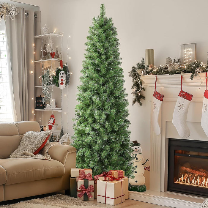 SHareconn 6ft Prelit Artificial Hinged Slim Pencil Christmas Tree with Warm White Lights, Full Branch Tips, Good Choice Decoration for Xmas Holiday, 6 FT, Green