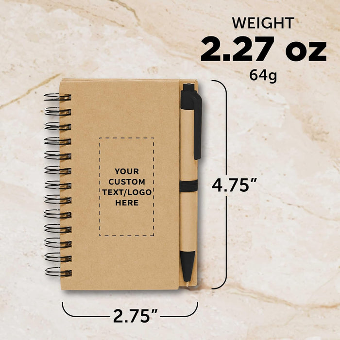 Custom Mini Spiral Notebooks with Black Ink Pens Set of 100, Personalized Bulk Pack - Perfect for School, Office, Business, Home - Black