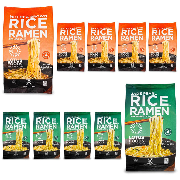 Lotus Foods Bulk Food Organic Millet & Brown Rice Ramen Noodles with Red Miso Soup, Gluten-Free Easy to Cook & Healthy Japanese Noodles with Instant Gourmet Broth, 2.8 Oz (Pack of 10)