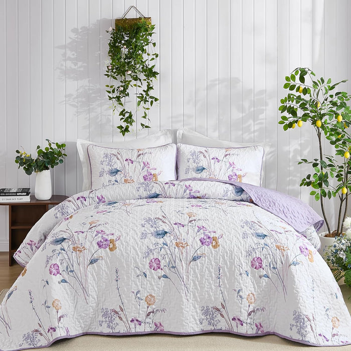WONGS BEDDING 3 Pieces Quilt Set Queen Size, Purple Floral Botanical Plants Pattern Bedspread Coverlet Set with 2 Pillowcases, Soft Lightweight Microfiber Bedding Set for All Season(96"×90")