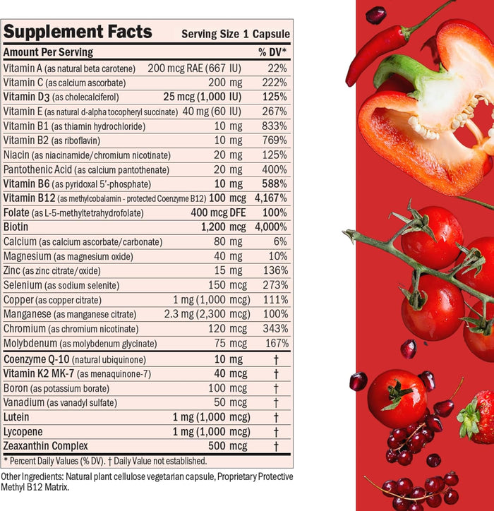 ANDREW LESSMAN Essential-1 Multivitamin 1000 IU Vitamin D3 60 Small Capsules - 100 mcg Methyl B12. CoQ10 Lutein Lycopene Zeaxanthin. High Potency. No Additives. Ultra-Mild. One Daily Capsule