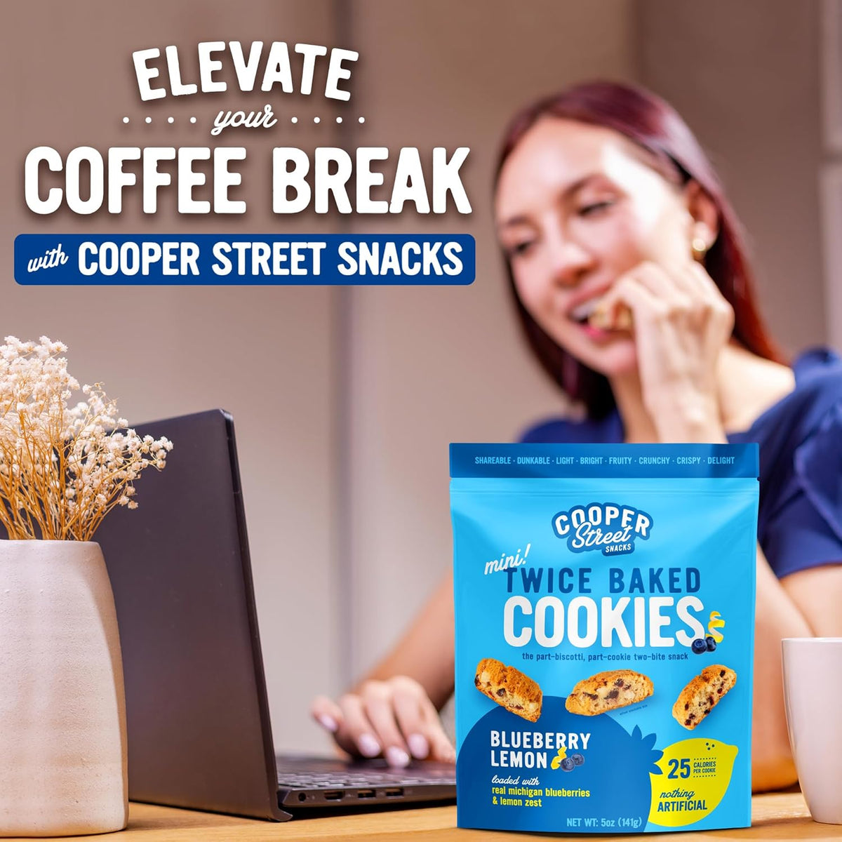 Cooper Street Twice Baked Lemon Blueberry Biscotti Cookies - Light, Crispy Mini Biscotti Cookies Ideal with Coffee - Traditional Low Calorie Italian Snacks - Kosher, Dairy, Peanut & Soy Free (6 Pack)