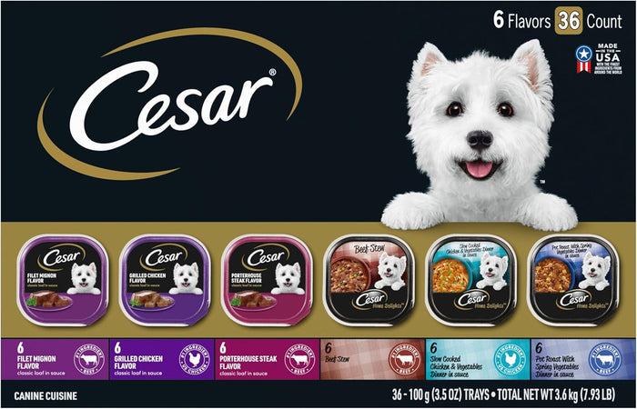 Cesar Wet Dog Food Classic Loaf in Sauce, Steak and Chicken Lovers Variety Pack with Real Meat or Real Chicken, 3.5 oz. Easy Peel Trays (36 Count, Pack of 1)