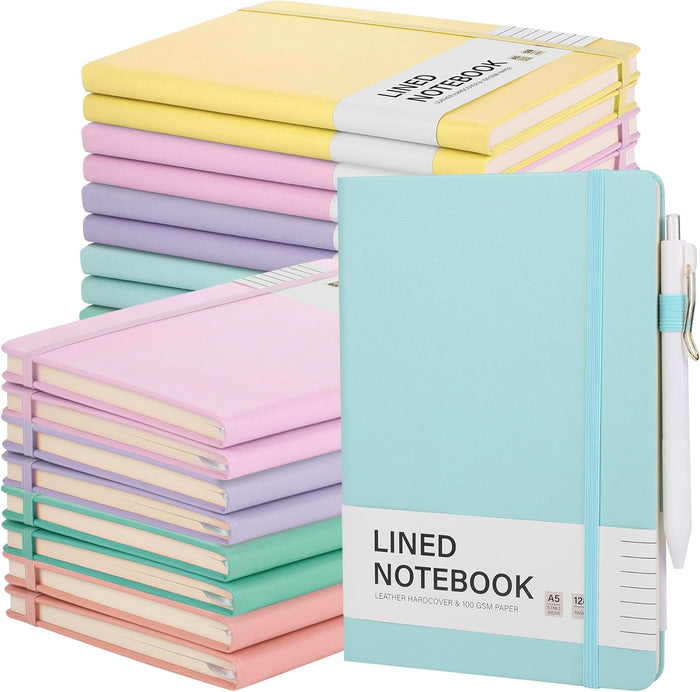 Aodaer 30 Set Lined Notebook Journals with Pens A5 Notebooks 100 GSM College Ruled Hardcover Notebook PU Leather Notepad with Pen Holder for Office School, 5.7 x 8.3 Inches, Deep Multicolor