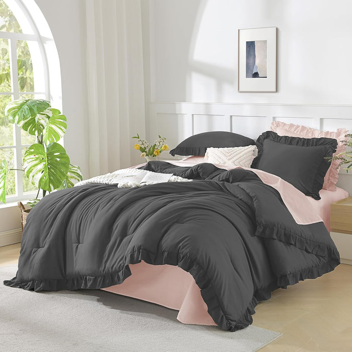 Andency White Comforter Queen Size, 3 Pieces Ruffle Shabby Chic Farmhouse Queen Comforter Sets, All Season Lightweight Fluffy Room Decor Bed Set for Girls Women Teens Gift Choice