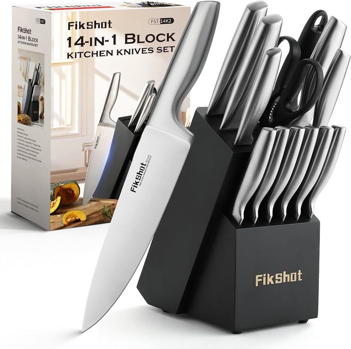 Knife Block Set, Kitchen Knife Sets with Block, FIKSHOT Knives Set for Kitchen - Razor-Sharp Santoku Knife, Fruit and Kitchen Sets - Rust Resistant for Homecooks (Silver + Walnut)