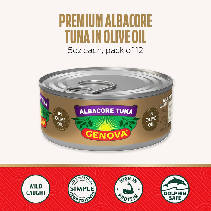 Genova Premium Albacore Tuna in Olive Oil, 5 Ounce Cans (Pack of 12), Wild Caught Canned Tuna, Solid White