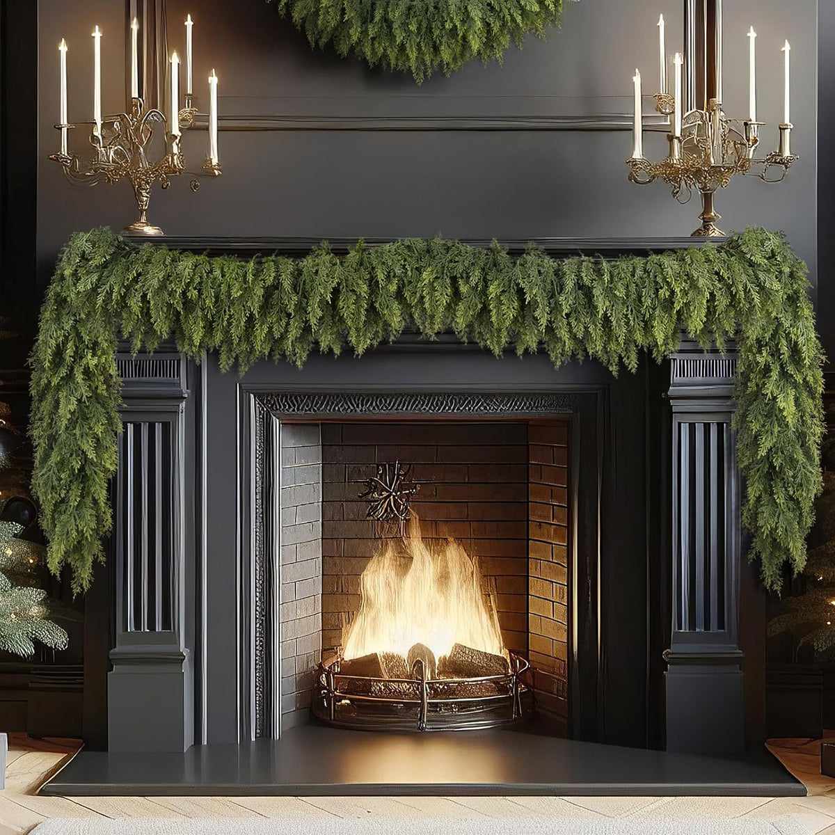 N&T NIETING 9ft Christmas Cedar Garland with Realistic Soft Thickness Pine, Artificial Green Faux Cedar Pine Garland for Fireplace Mantle Fireplace Indoor Outdoor Holiday Party Home Decoration