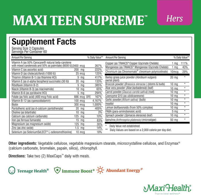 Teen Vitamins for Girls 12-17 - Teen Multivitamin Supreme with D3, Iron, Calcium, Biotin, Digestive Enzymes – Teenager Girl Multi Vitamins for Energy, Immune & Mood Support – 60 Count