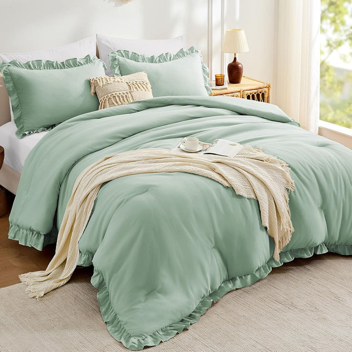 FUANNA Queen Comforter Set Beige 3 Pieces, Ruffle Shabby Chic Queen Bed Set, Fluffy Lightweight Soft Bed in a Bag Queen for All Seasons, Farmhouse Bedding Comforter Sets(1 Comforter & 2 Pillowshams)