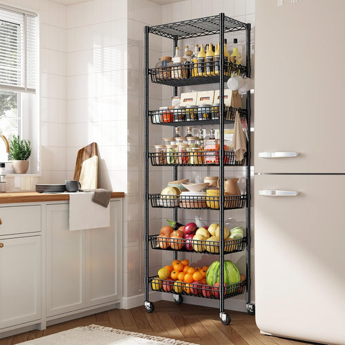 7 Tier Wire Shelving Unit with Wheels 72" H Adjustable Basket Shelf Storage Shelves with Hooks for Kitchen Bathroom Garage Closet Laundry Room Organization 72" H x 24" W x 14" D, Black