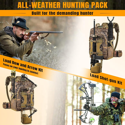 Hunting Backpack 40L for Men, Tactical Camo Bow Rifle Backpack with Removable Waist Belt, PALS/MOLLE System, Waterproof Rain Cover, Flag & Whistle for Saddle Hunting