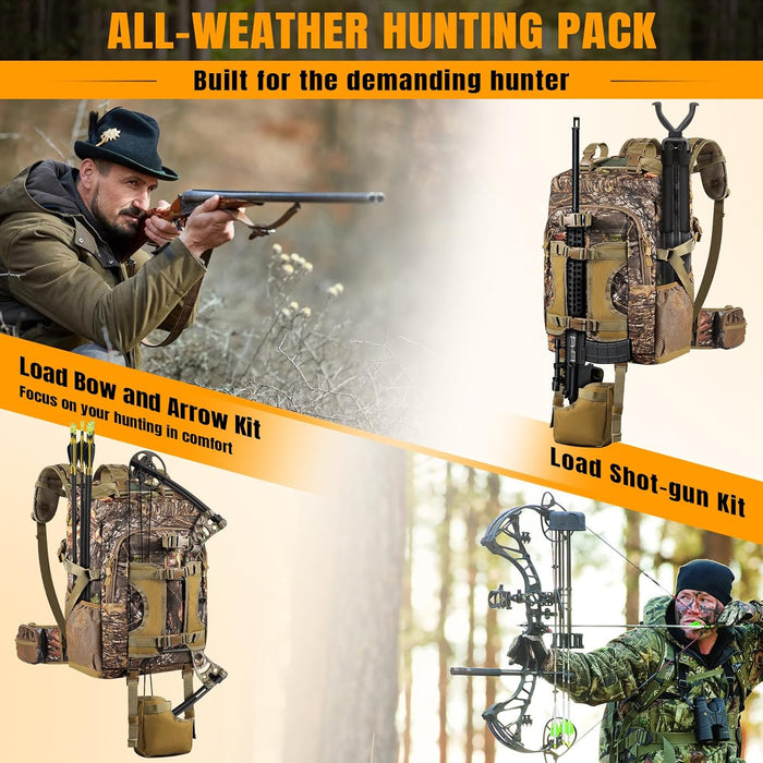Hunting Backpack 40L for Men, Tactical Camo Bow Rifle Backpack with Removable Waist Belt, PALS/MOLLE System, Waterproof Rain Cover, Flag & Whistle for Saddle Hunting