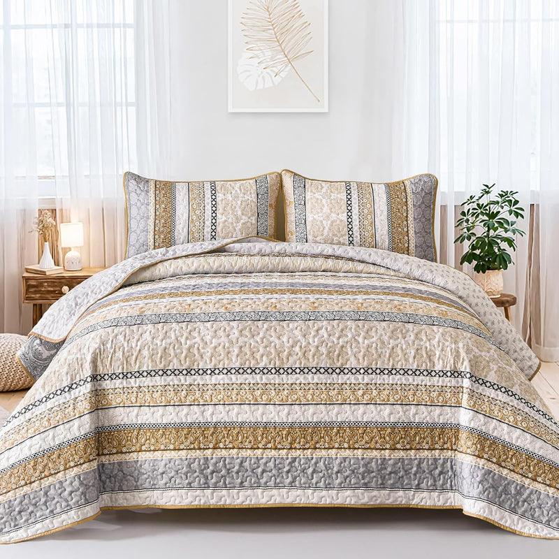 WONGS BEDDING Boho Quilt Set King Size, Navy Blue Bohemian 3 Pieces Quilt Sets, Lightweight Microfiber Bedspread Coverlet Bedding Set for All Season (104"x90")