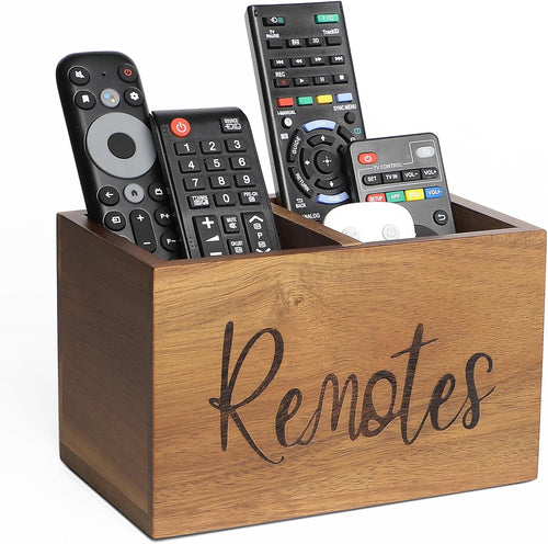 Acacia Wood TV Remote Holder, Caddy and Organizer for Table, Vintage Farmhouse Desk Caddy (Brown for 2 or 3 Remote Controls)