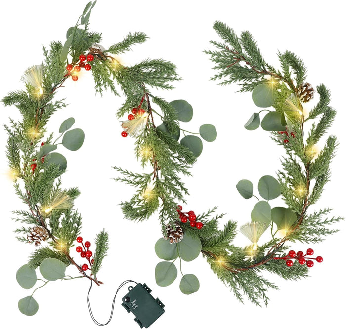 DR.DUDU Christmas Garland Decorations, 6FT Garlands with Lights Timer Indoor Decoration Pre-Lit Green Garland with Pine Cones Red Berry for Mantle Outdoor Fireplace Stairs Holiday Winter Décor